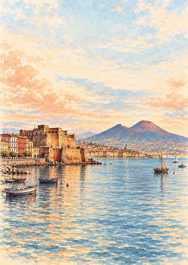 Watercolour of the Neapolitan waterfront at sunset with fishing boats